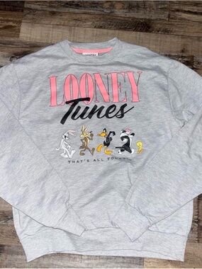 Warner Bros. Light Gray Looney Tunes Crewneck with Pink Logo